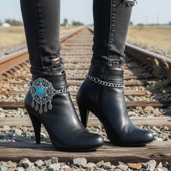 Women 2PCS Silver Metal Boot Chain Bracelet Shoe Anklets Turquoise Flower Ethnic - Picture 17 of 17